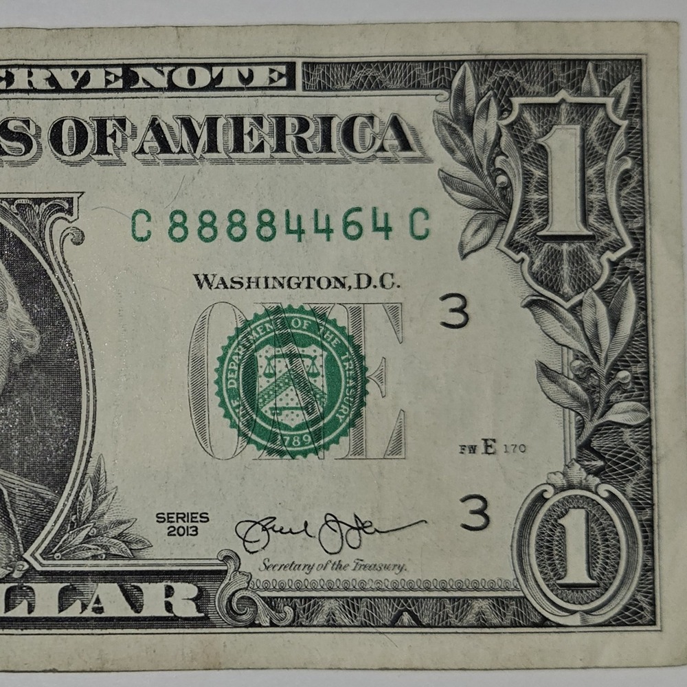Very Rare 2013 One Dollar Billโ Trinary/Quad/Even Fancy SN C88884464C (B330)